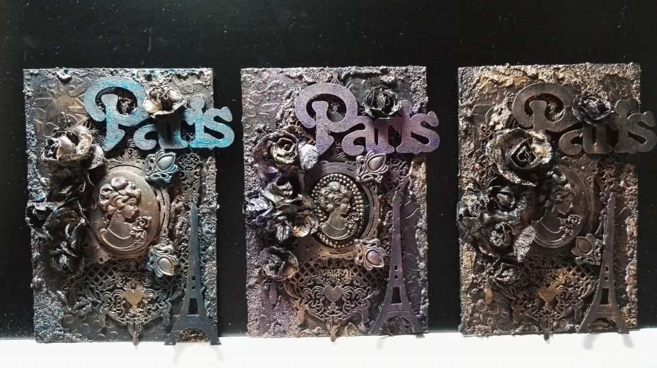 Schwarz .... Schwarz .... Schwarz und noch mal Schwarz. Mein Schwarzes Gesso war danach leer.Aber wenn man dann die einzelnen Elemente mit Metallwachs wieder rausholt .... hach ... das is .... tollig 3