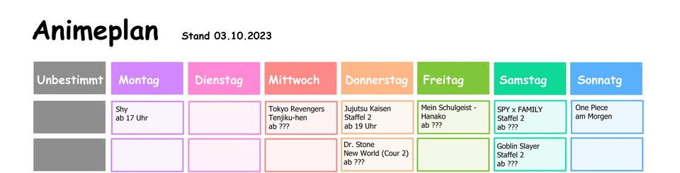 Mit dem Oktober Beginnt die Herbst Season und damit hier auch mal ein Plan der Anime die Ihr erwarten könnt! Bei den die erst noch kommen Hab ich leider keine Infos zu den Uhrzeiten, wenn ich dran denke Hol ich das noch nach. Natürlich gibs wieder sehr viel mehr Anime die Laufen, aber das sind die Größeren bzw. populäreren :)