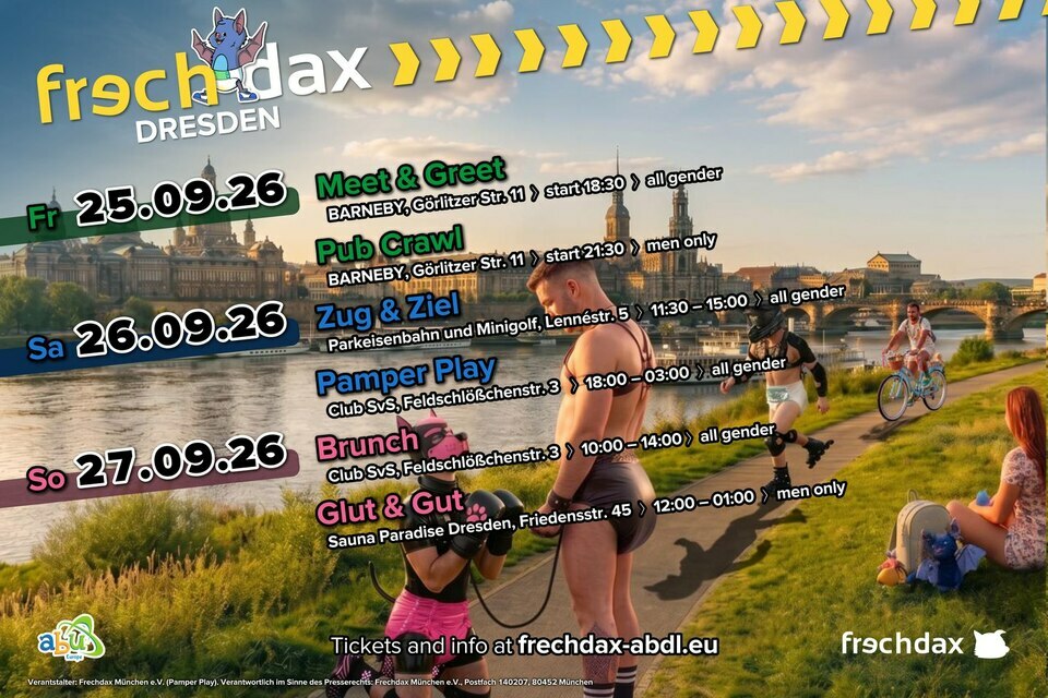 Tach auch ihr frɘchdaxe!Unsere Partyreihe bekommt dieses Jahr noch Zuwachs in Dresden. Dort hat der kleine Frechdax Hufi 🦇 aufgescheucht, als er sich in Hufi’s Höhle verlaufen hat. Hufi ist die kleine Hufeisennasen-Fledermaus, die viele Jahre in Dresden den Bau einer Brücke verhinderte.Wir laden euch zu frɘchdax Dresden vom 25. bis 27. September 2026 ein.Alle Infos zur Party, den Tickets und dem umfangreichen Rahmenprogramm findet ihr (demnächst) auf unserer Website, Instagram und in der Telegram-Gruppe. Wir freuen uns auf euch in Dresden!Und immer schön frɘsch 🧷 bleiben 😂Euer Didi, Hufi & das frɘchdax-Team aus Dresden🦇