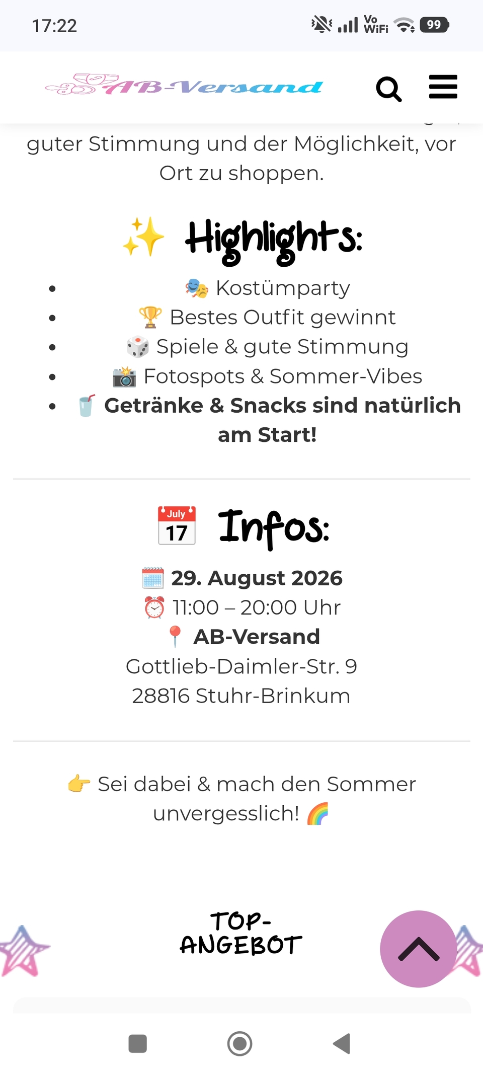 Hier noch einmal die Info für die Sommerfeier, beim Ab-versand. Sie findet am 29.08 statt.