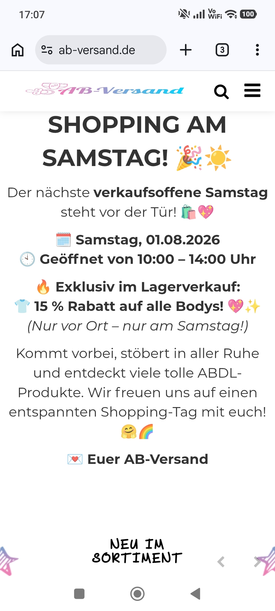 Hi ihr lieben, am Samstag bin ich wieder beim Ab-versand und es gibt am Samstag nur vor Ort und nur Samstag 15% auf alle Bodys