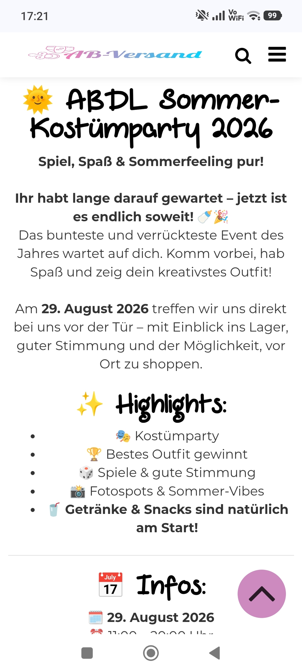 Hier noch einmal die Info für die Sommerfeier, beim Ab-versand. Sie findet am 29.08 statt.