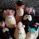 Meine kleine Familie!<br />Unten links Theodor Junjor, dahinter Theodet, in der Mitte Baby Theofine und rechts Rainbow mit TeJay auf dem Rücken. in schwarz dahinter Theodor mit Freundin Dalia die den kleinen Blitz auf dem Kopf träg und zu guter letzt in Weiß das Fräulein Pudding. Einhorn Junior (der Zwillingsbruder von Theodor) und Einhorn Lucky (eine Ziege mit nur einem Horn) besuchen grade eine Freundin.